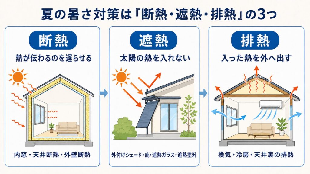 夏の暑さ対策に必要な断熱・遮熱・排熱の違いを示した図解
